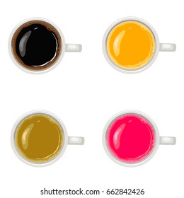 Cups with drinks - black coffee, coffee with milk, orange juice, berry juice. Top view. Vector illustration.