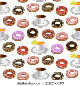 Cups with drinks and desserts.Colored vector pattern with desserts and cups with drinks on a transparent background.