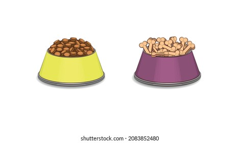 Tazas de alimentos secos y huesos para mascotas. Imagen multicolor. Acercamiento. Hay espacio libre para el texto. Ilustración vectorial.