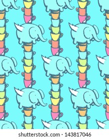 Cups and elephant with wings seamless pattern, vector sketch