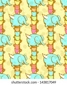 Cups and elephant with wings seamless pattern, vector sketch