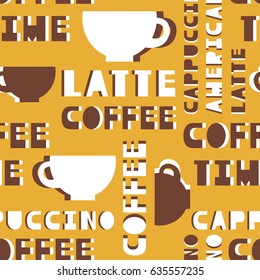 Cups and english text, seamless pattern vector. Hand drawn background with coffee set. Decorative wallpaper, good for printing for cafe