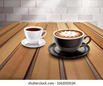 Cups of espresso and cappuccino coffee composition with sun picture realistic vector illustration