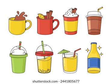 Cups Filled With Various Drinks, From Steaming Coffee, Tea, Frothy Milkshake or Latte To Refreshing Juices, Cocktails