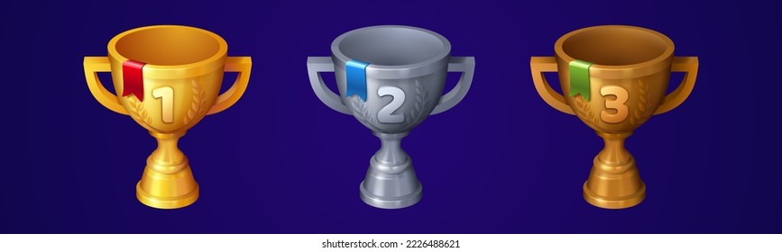 Cups for first, second and third place, winner trophy goblet game icons. Bronze, silver and golden award metal prize for victory in competition, casino or sport success, Cartoon 3d vector elements