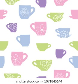 Cups and flowers teatime seamless pattern. Great for tea party invitations, fabric, and cafe or restaurant designs. Vector surface pattern design.
