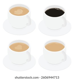 Cups of fresh coffee with latte art design for cafeteria, posters, banners, cards. Coffee cup collection isolated on white background. Vector illustration