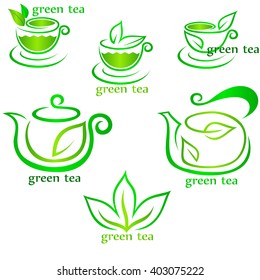 Cups of fresh tea and green leaves, such a template.