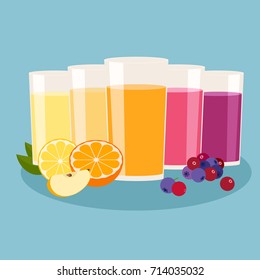 Cups with fruit and berry juices. Vector illustration. The taste of Apple, orange, blueberries or cranberries. Flat.