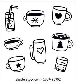 Cups and glasses doodles. Crockery in the style of naive sketches. Hand-drawn black and white vector images.
