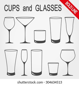 Cups and glasses. Icons set for web and mobile application. Vector illustration on a white background. Flat design style.