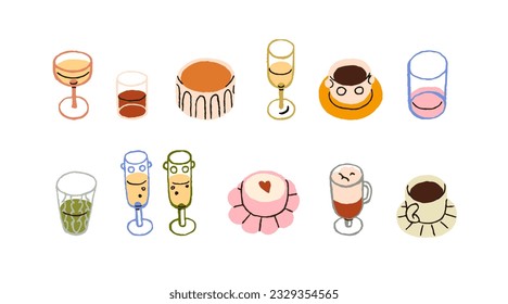 Cups, glasses, wineglasses set with drinks. Espresso and latte coffee, tea, champagne, wine, matcha, juice, different beverages. Colored flat vector illustrations isolated on white background