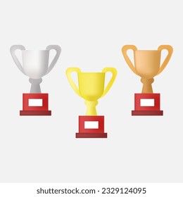 Cups in Gold, Silver and Bronze. Vector illustration drawn in 3d