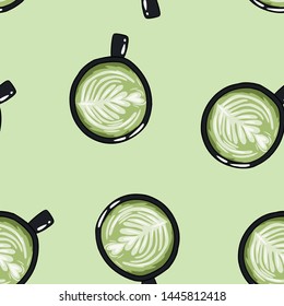 Cups of green coffee. Hand drawn cute cartoon mugs seamless pattern. Texture background