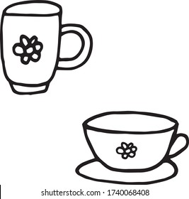 cups hand drawn in doodle style. vector scandinavian monochrome minimalism. set of elements for design. menu, kitchen, cafe, coffee, tea, drinks, mugs