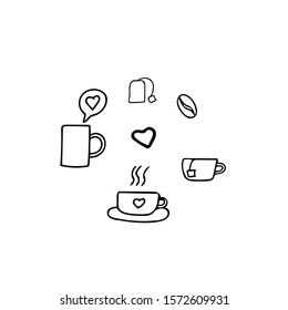 cups hand drawn set in scandinavian doodle style. cup, saucer, mug, heart, tea bag