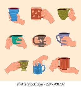 Cups in hand. People holding various hot cups with liquid steaming products coffee or tea mugs recent vector set