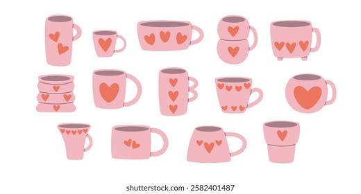 Cups with heart set. Pink cups with red hearts for Valentine's Day illustration. Vector flat illustration