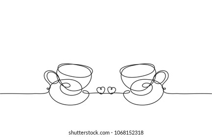 Cups and hearts. Drawing by a continuous line. Symmetrical composition