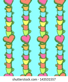 Cups and hearts vector seamless pattern