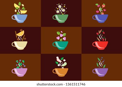 Cups of herbal tea set, fruit and berry tea vector Illustrations in flat style