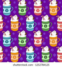 Cups with hot chocolate, coffee, with cinnamon sticks, candy canes and whipped cream. Bright background with hot winter beverage mugs.