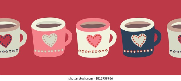 Cups with hot chocolate or tea seamless vector border. Repeating mugs pattern. Hand drawn illustration horizontal border