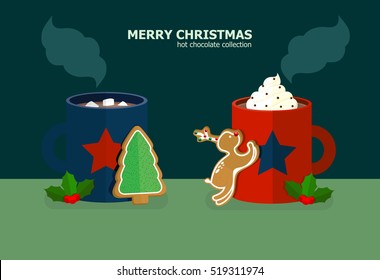 Cups of hot chocolate with whipped cream and marshmallows and gingerbread cookies on Christmas theme setting.