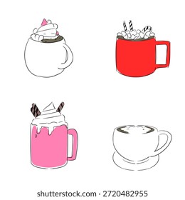 Tazas de cacao caliente con malvaviscos e íconos de colección de café en estilo de dibujos animados