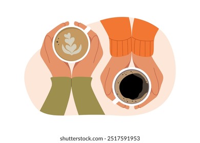 Tazas de café caliente en manos de amigos disfrutando del sabor de la bebida caliente que permite llenar el cuerpo de vigor. Delicioso café negro y capuchino o café con leche en manos de amigos tomando café