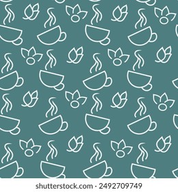 cups with hot drink with tea leaves on a colored background