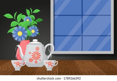 Cups of Hot Tea on Wooden Table with Flower Vase Window Illustration