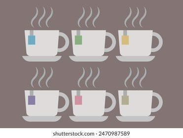 Cups with infusion of different types on a brown background.