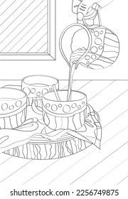 Cups and jug. Vector anti-stress coloring in sketch style.