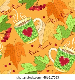 Cups and leaves. Autumn seamless pattern
