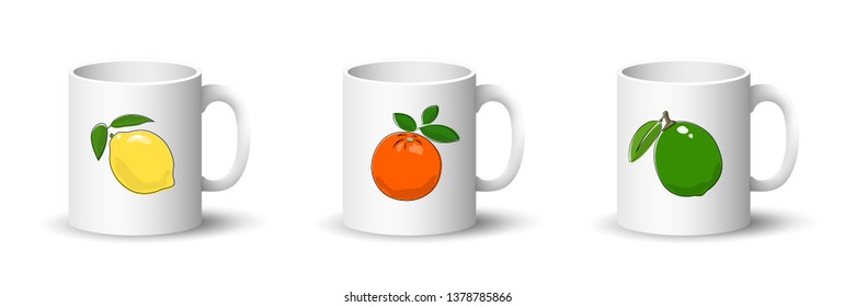 Cups with Lemon , Orange and Lime , Front View on Mugs with Citrus Fruit Isolated on a White Background, Vector Illustration