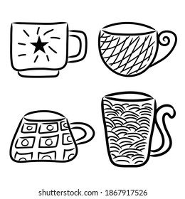 Cups line icon set. Black outline. Hand drawn vector illustration set. Coffee and tea cups doodle.