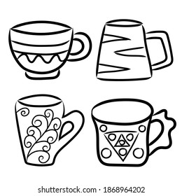 Cups line icon set. Coffee and tea cups doodle. Hand drawn vector illustration set. Black outline
