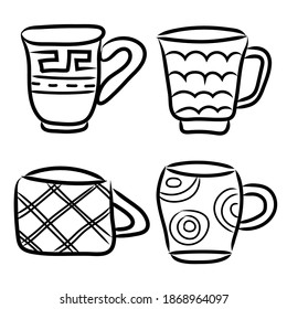 Cups line icon set. Hand drawn vector illustration set. Black outline. Coffee and tea cups doodle.