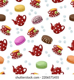 Cups and macaroons in a pattern.Vector pattern with cups, teapots and macaroons on a transparent background.