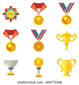 Cups, medals, awards. Vector icons in a flat style on a white background. Infographic elements vector. Stickers. Stikers
