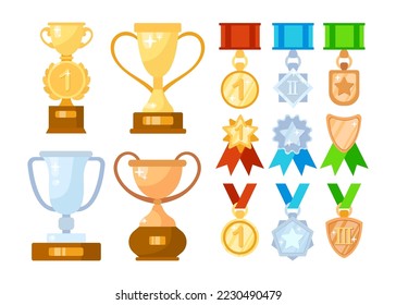 Cups and medals vector illustration set. Different sport trophy, golden cups medals, winners star symbols isolated on white background. Trophy concept.
