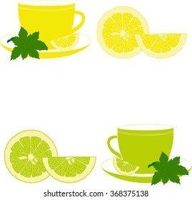 Cups with mint, lemon and lime on a transparent background