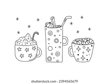 A cups and mug with desserts, hot drink. Drawings, doodle. Coffee, Tea, sweets. We prepare a delicious cocoa-milk dessert in mugs, pour marshmallows. 