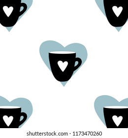 Cups mug pattern, seamless, tile, background heart love hand drawn style vector doodle design illustrations