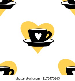 Cups mug pattern, seamless, tile, background heart love hand drawn style vector doodle design illustrations