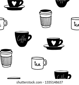 Cups mug pattern, seamless, tile, background hand drawn style vector doodle design illustrations