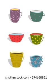 Cups and Mugs Ceramics Colorful Fun Set. Hand drawn porcelain ornate dishes collection illustration.  Isolated on white. Transparent shadows.