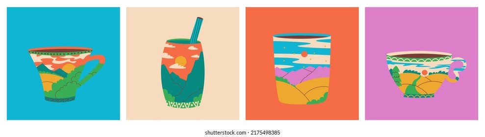 Cups and mugs of coffee or tea with a landscape inside. Coffee to go. Mountains, hills, sky and clouds. Set of trendy vector multicolor illustrations for design.