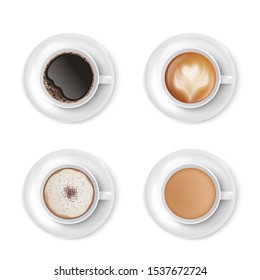 Cups and mugs with coffee, top view with espresso and cappuccino. Realistic white cups and saucers for coffee drinks in a cafe. Isolated realistic vector illustration with coffee.